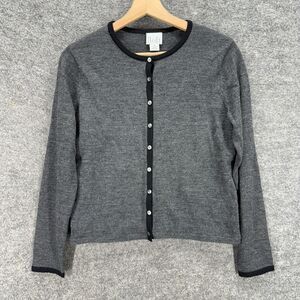 Loft Cardigan Women M Medium Gray Button Up Long Sleeve Wool Knit Crew Neck